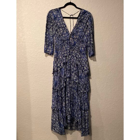 Maje Rufflani Ruffled 3/4 sleeve blue Midi Dress size 36 US 2 / 4 - Picture 2 of 10
